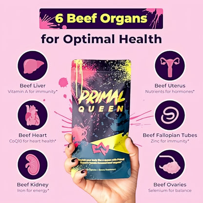 Primal Queen Female-Optimized Beef Organ Superfood Supplement (Beef Liver, Kidney, Heart, & 3 More) - 100% Grass Fed, Pasture Raised Cattle - Balance Hormones, Energy, & More for Women