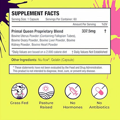 Primal Queen Female-Optimized Beef Organ Superfood Supplement (Beef Liver, Kidney, Heart, & 3 More) - 100% Grass Fed, Pasture Raised Cattle - Balance Hormones, Energy, & More for Women
